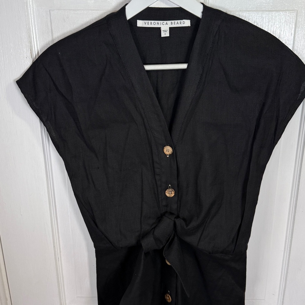 Veronica Beard Giana Black Tie Waist Button Midi Linen Dress W2092 Sz 0 - Picture 8 of 10